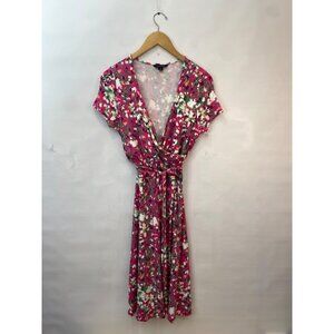 Lands End Women's Faux Wrap Dress V Neck Short Sleeve Floral Pink Size M 10-12